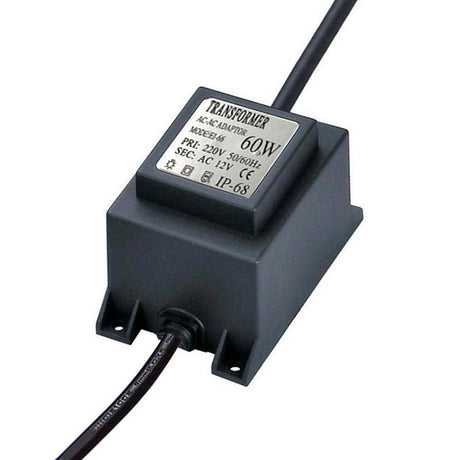 Transformador  de corriente  220V y salida 12V de tipo AC, 60W de potencía máxima y protección IP68. Para lámpara de piscina tipo PAR56 y otras luminarias que requieran entrada 12V AC.