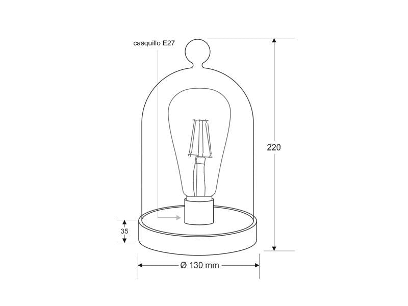 Fanal decorativo LED Bell JAR, una luminaria evocadora del recuerdo de décadas pasadas, una lámpara que muestra la simplicidad del primer emisor de luz. Una bombilla filamentosa ególatra, protegida por un fanal de vidrio.