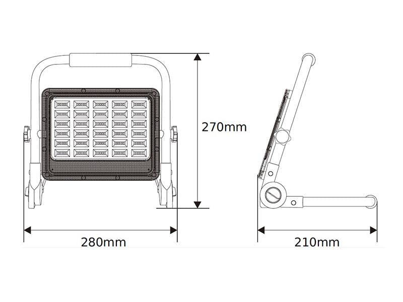 Proyector led portátil profesional de alta luminosidad con batería de litio recargable tipo Life-PO4 y soporte. Proporciona una luz blanca potente, además dispone de opción de emergencia RB para señalización. Iluminación eficaz en cualquier situación.