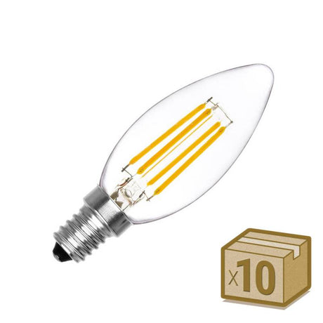 Incluye 10 Bombillas LED tipo vela (candle) con chip cob en forma de filamento para casquillos convencionales E14. Ahorro de hasta el 90% en su consumo de luz.
