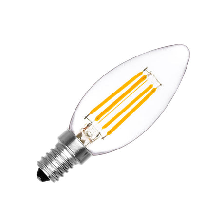 Bombilla LED tipo vela (candle) con chip cob en forma de filamento para casquillos convencionales E14. Ahorro de hasta el 90% en su consumo de luz.