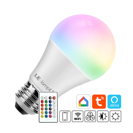 Bombilla LED RGB + +CCT WiFi para casquillos E27. Alta potencia lumínica, ahorro de hasta el 90% en su consumo de luz. Incluye mando a distancia para controlar fácilmente el cambio de color, la intensidad y efectos. Controlable por aplicación móvil mediante conexión WIFI o a través de Google Home y Alexa.