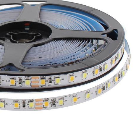 Tira LED flexibles de alto rendimiento con posibilidad de ajustar el tono de luz blanca en toda su gama de tonalidad. Incorpora 120led por metro para una mejor difusión de la luz y un CRI>90 para una reproducción cromática perfecta.