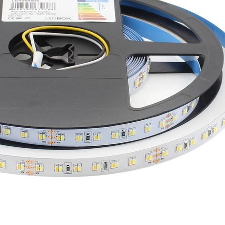 Tira LED flexibles de alto rendimiento con posibilidad de ajustar el tono de luz blanca en toda su gama de tonalidad. Incorpora 224 led por metro para una mejor difusión de la luz.