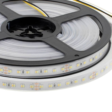 Tira LED flexibles de alto rendimiento con posibilidad de ajustar el tono de luz blanca en toda su gama de tonalidad. Incorpora 224 led por metro para una mejor difusión de la luz.