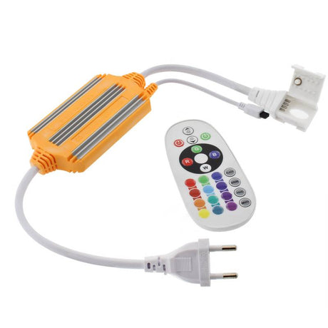 Controlador IR para tira led a 220V RGB con protección contra el agua IP67 y conectores rápidos para tiras led compatibles. Se conecta fácilmente y con su mando a distancia es posible tener un total control sobre la tira. Incluye mando a distancia.