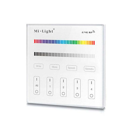 El Mando Táctil T3 es un control remoto empotrado de pared con pantalla de cristal táctil de gran precisión para un control profesional de tiras LED RGB/RGBW. Permite el control de 4 zonas  independientes.