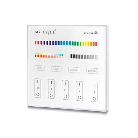 El Mando RGB T4 es un control remoto empotrado de pared con pantalla de cristal táctil de gran precisión para un control profesional de tiras led RGB + CCT blanco dual. Permite el control de 4 zonas.