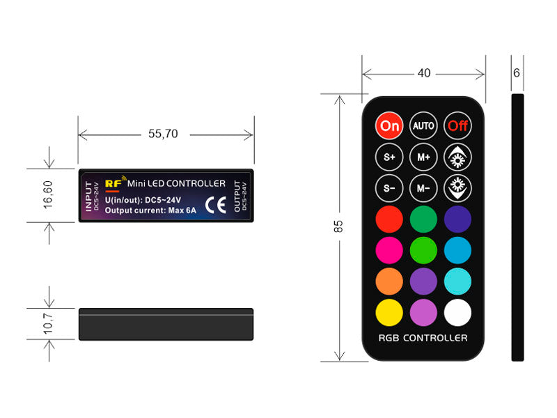 Kit que incluye controlador y mando a ditancia RF para tiras LED RGB. Su mando a distancia de cuidado diseño y múltiples funciones: encendido/apagado, regulación de color de luz, intensidad, efectos, etc.
