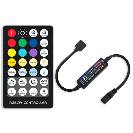Kit que incluye controlador y mando a ditancia RF para tiras LED RGB+CCT. Su mando a distancia de cuidado diseño y múltiples funciones: encendido/apagado, regulación de color de luz, intensidad, efectos, etc.