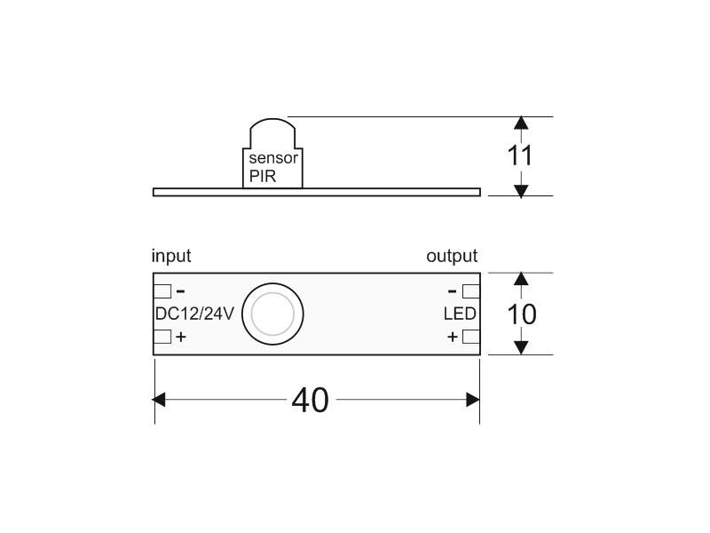 Sensor PIR de reducido tamaño (40x10mm) para instalar en perfil que se conecta directamente a la tira led monocolor y permite encenderla automáticamente cuando detecta movimiento.