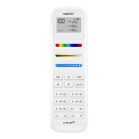 Mando a distancia RF 2.4Ghz. En combinación con un controlador compatible permite el control de cualquier tipo de tira led RGBW, RGB, CCT DUAL y MONO. Permite controlar hasta 100 zonas diferentes. Con teclado táctil.