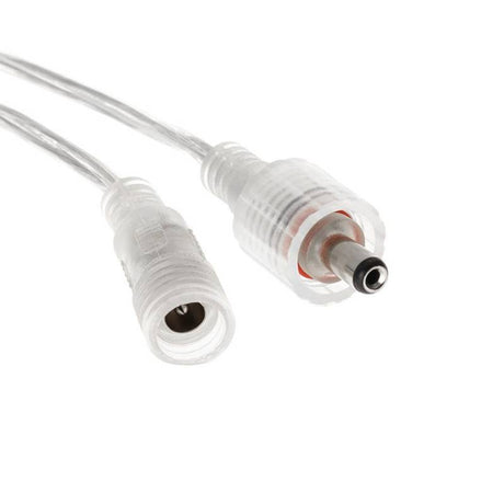 Cable conexión de 2 Pinx0,5mm, de 20cm de longitud con cubierta transparente. Con conector macho y hembra DC 5,5x2,1mm, 2 pines, IP67, resistente al agua