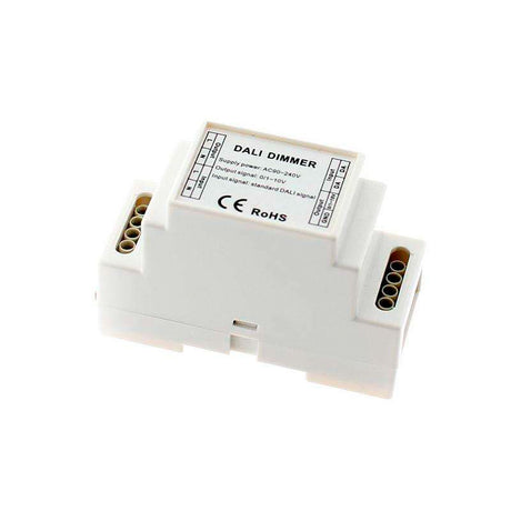 Modelo para carril DIN que con entrada de señal DALI (estándar IEC62386) para regulación de dispositivos con señal de 0-10V. Convierte la señal DALI a señal 0/1-10V para el control de dispositivos que dispongan de esta regulación.