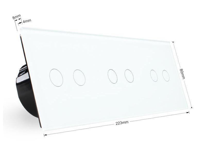 Conmutador de 3 módulos con 6 encendidos en color blanco. Interruptor eléctrico de empotrar con cuerpo de aluminio y panel frontal táctil iluminado de cristal templado con acabado de alta calidad y diseño minimalista.