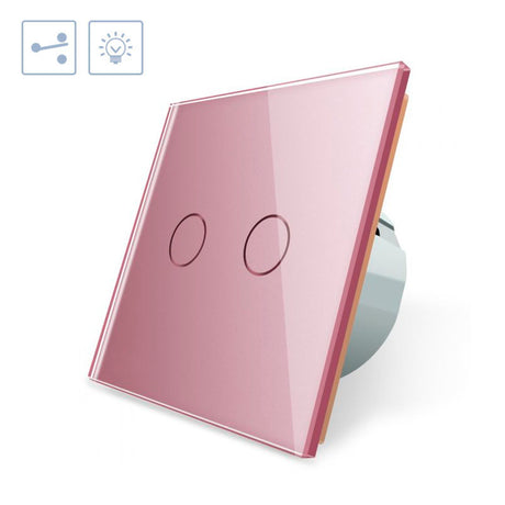 Conmutador sencillo de 1 cuerpo con 2 encendidos en color rosa. Conmutador eléctrico de empotrar con cuerpo de aluminio y panel frontal táctil iluminado de cristal templado con acabado de alta calidad y diseño minimalista.