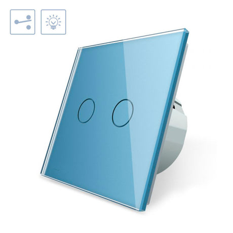Conmutador sencillo de 1 cuerpo con 2 encendidos en color azul. Conmutador eléctrico de empotrar con cuerpo de aluminio y panel frontal táctil iluminado de cristal templado con acabado de alta calidad y diseño minimalista.