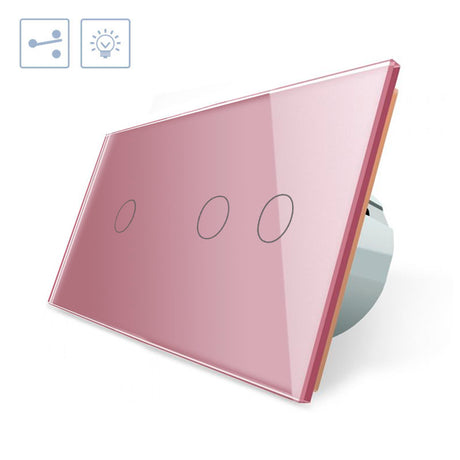 Conmutador doble de 2 cuerpos con 3 encendidos en color rosa. Conmutador eléctrico de empotrar con cuerpo de aluminio y panel frontal táctil iluminado de cristal templado con acabado de alta calidad y diseño minimalista.