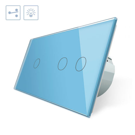 Conmutador doble de 2 cuerpos con 3 encendidos en color azul. Conmutador eléctrico de empotrar con cuerpo de aluminio y panel frontal táctil iluminado de cristal templado con acabado de alta calidad y diseño minimalista.