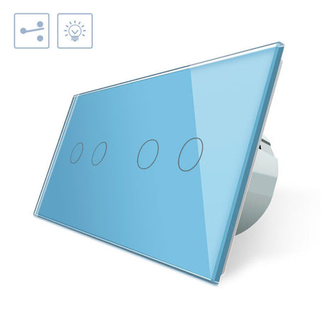 Conmutador doble de 2 cuerpos con 4 encendidos en color azul. Conmutador eléctrico de empotrar con cuerpo de aluminio y panel frontal táctil iluminado de cristal templado con acabado de alta calidad y diseño minimalista.