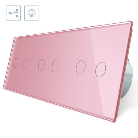 Conmutador de 3 módulos con 6 encendidos en color rosa. Interruptor eléctrico de empotrar con cuerpo de aluminio y panel frontal táctil iluminado de cristal templado con acabado de alta calidad y diseño minimalista.