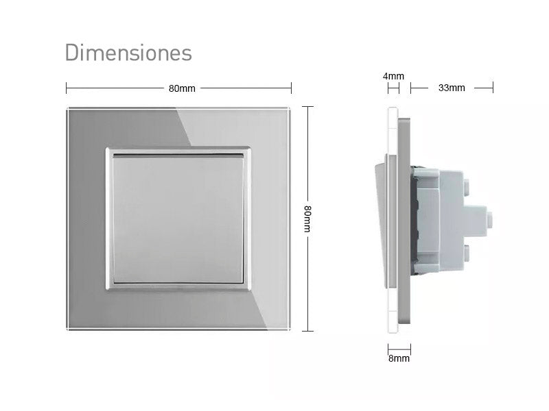 Mecanismo de empotrar EU, interruptor conmutador. Con tecla y marco de cristal de color gris. Incluye marco metálico y panel frontal de cristal.