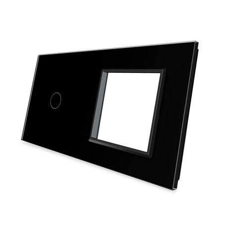 Frontal de cristal templado de 2 módulos con 1 enchufe + 1 botón, color negro. Incluye marco interior del color del frontal.
