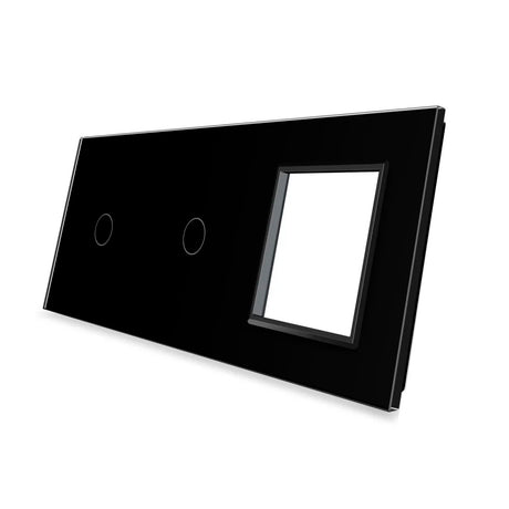 Frontal de cristal templado de 3 módulos con 1 enchufe + 2 botones, color negro. Incluye marco interior del color del frontal.