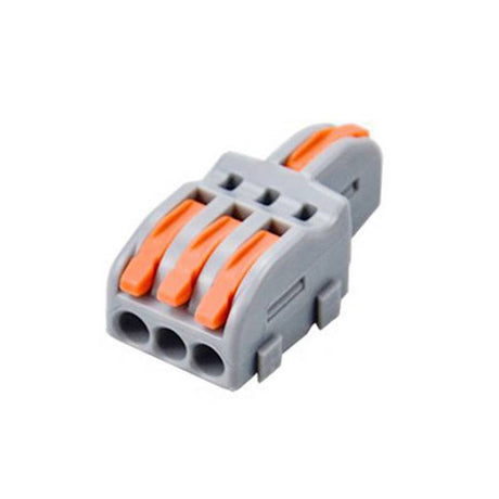 Conector rápido con 1 entrada para cables de sección 0.2-4mm2 y salida para 3 cables de sección 0.2-2.5mm2 - 250V / 32A Nylon/PC. Facilita y organiza las instalaciones eléctricas.