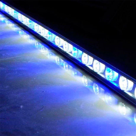 Proyector lineal con chip led de color blanco y de color azul. Ideal para iluminación de acuarios, decorativa, fachadas, etc. Estos bañadores lineales multi LED producen una distribución de luz precisa y uniforme.