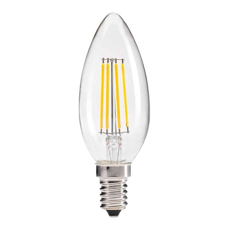 Incluye 10 Bombillas LED tipo vela (candle) con chip cob en forma de filamento para casquillos convencionales E14. Ahorro de hasta el 90% en su consumo de luz.