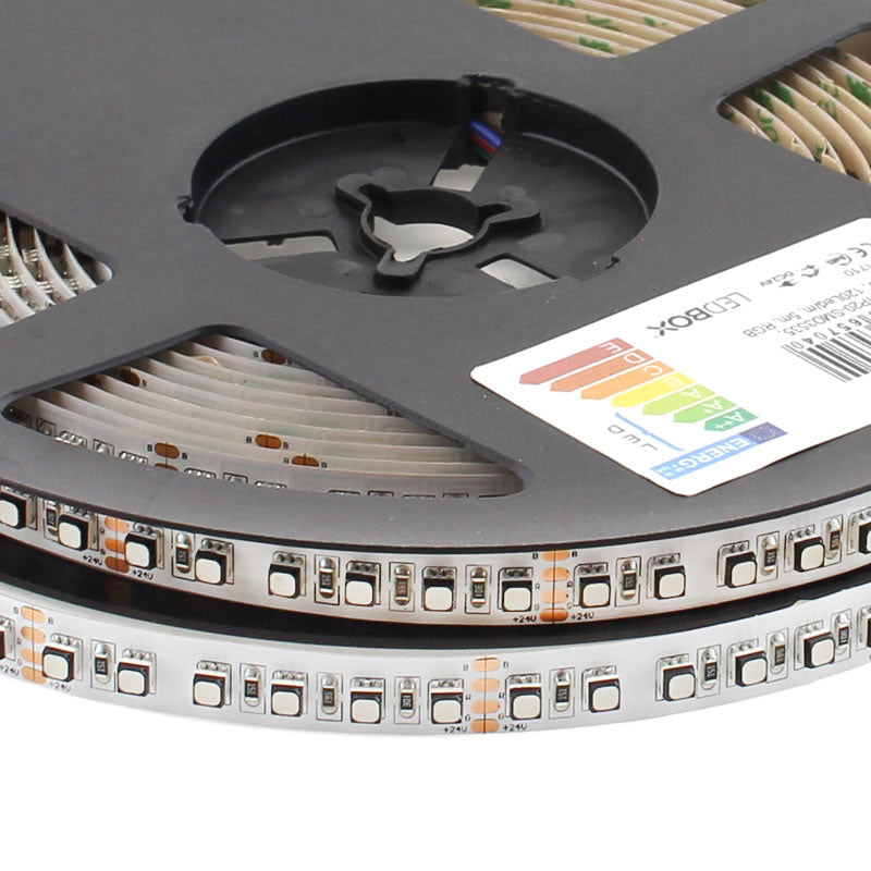 Tira LED RGB con el nuevo Chip Samsung SMD3535 de alta potencia lumínica. Su alta densidad de 120 led por metro y alta potencia aseguran los mejores resultados para cualquier proyecto. Disponen en el reverso de cinta adhesiva 3M 300LSE de gran adherencia. Ideales para crear efectos ambientales decorativos.