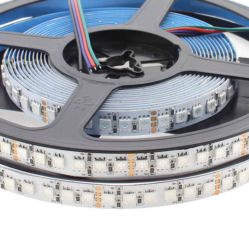 Rollo de tira LED RGB de alta densidad con 120 led por metro con el Chip de alta potencia lumínica SMD5050 de EPISTAR. Incorpora doble PCB de 12mm de ancho para una mejor disipación de calor. Las tiras RGB están equipadas con una combinación de LEDs rojos, verdes y azules por cada SMD. Las tiras RGB proyectan cualquier color resultante de la mezcla de los 3 colores principales pudiendo variar colores e intensidad luminosa por medio del controlador. Las tiras LED RGB son autoadhesivas y son ideales para crea