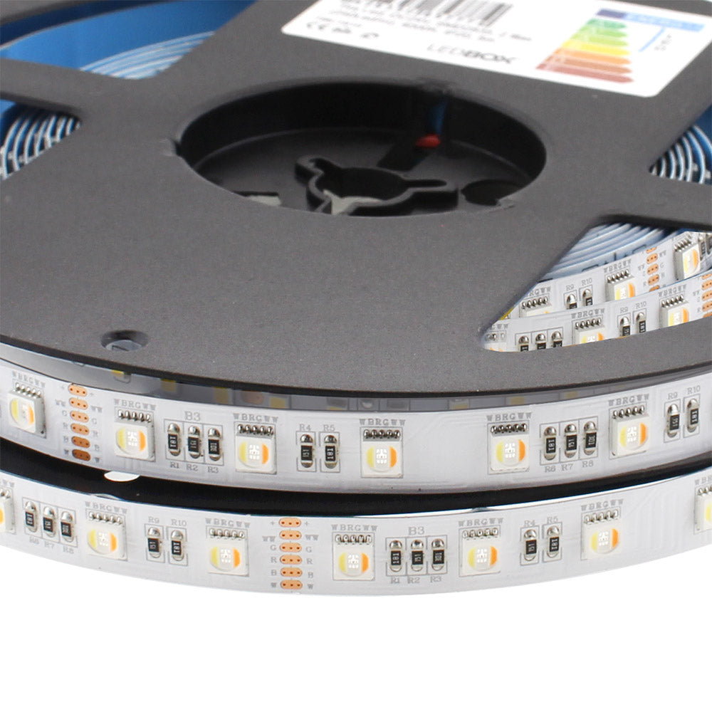Tira LED RGB+CCT equipada con el nuevo chip SAMSUNG de 5 en 1, incluye en cada chip RGB+blanco dual (3000K-6000K) ofreciendo una luminosidad más uniforme y potente. Ofrece la emisión de cualquier color y una altísima luminosidad gracias a su chip de color blanco. Las tiras LED RGB+CCT son autoadhesivas y son ideales para crear efectos ambientales decorativos.
