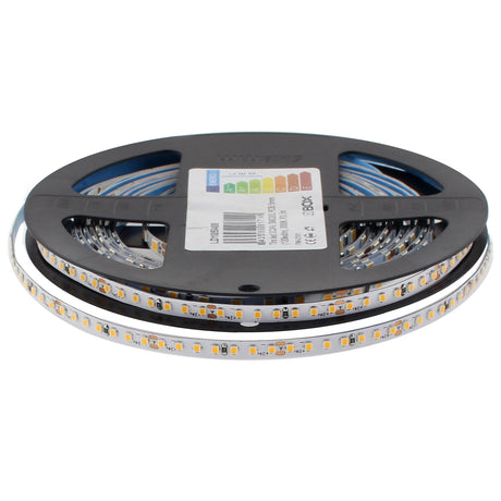Tira LED con el nuevo Chip SAMSUNG de alta potencia lumínica SMD2022. PCB de sólo 5mm, CRI90. Incorpora cinta adhesiva 3M térmica de máxima calidad para colocar la tira en cualquier superficie. Tira de 5 metros.