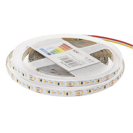Tira LED flexibles de alto rendimiento con posibilidad de ajustar el tono de luz blanca en toda su gama de tonalidad. Incorpora 154led por metro para una mejor difusión de la luz y un CRI>90 para una reproducción cromática perfecta.