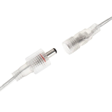 Cable conexión de 2 Pinx0,5mm, de 100cm de longitud con cubierta transparente. Con conector macho y hembra DC 5,5x2,1mm, 2 pines, IP67, resistente al agua