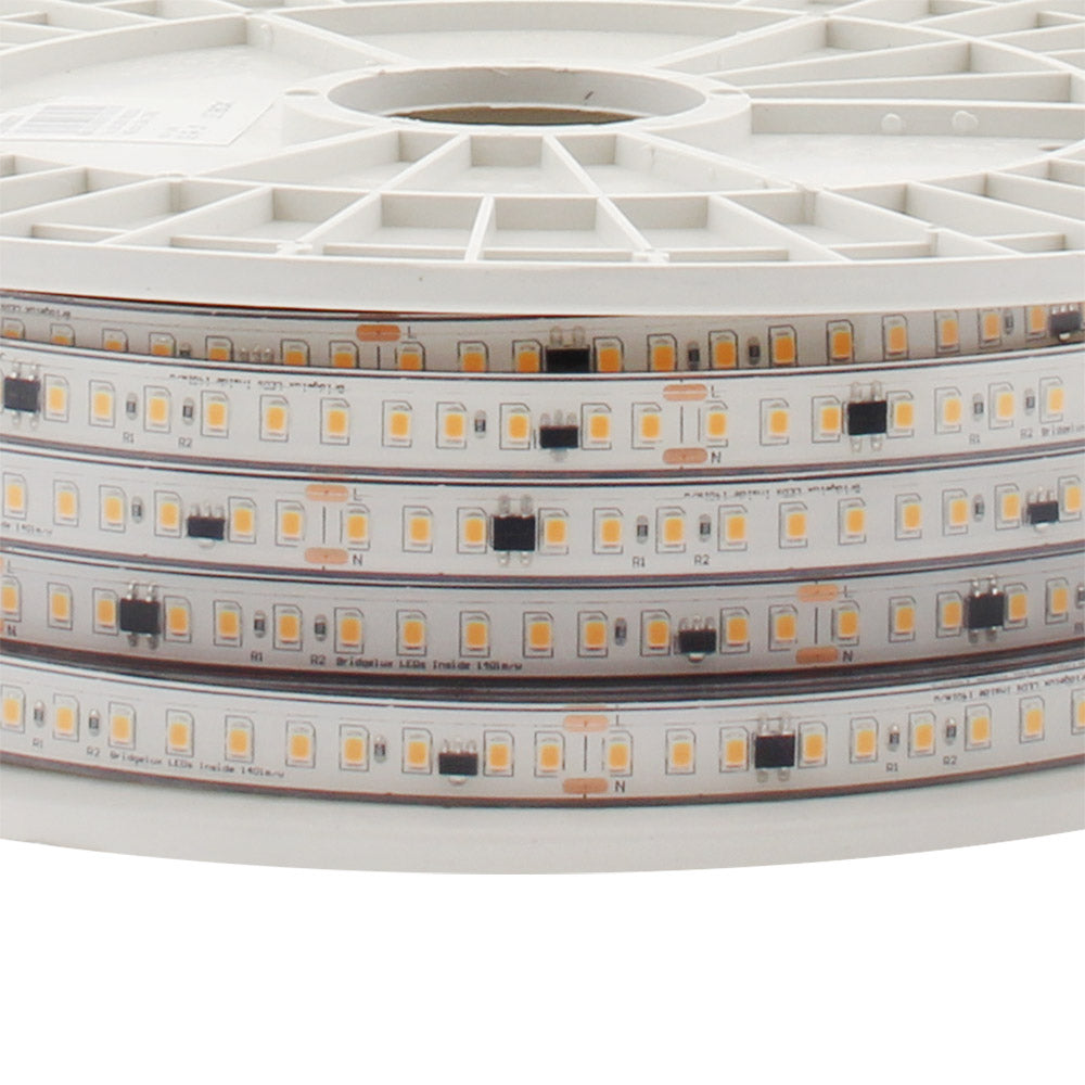 1 metro de tira LED flexible BRIDGELUX SMD2835-DC220V con regulación TRIAC de la más alta calidad para proyectos profesionales. Por su flexibilidad y alta luminosidad es ideal para crear una iluminación de calidad en todo tipo de ambientes, tanto en interiores como en exteriores.