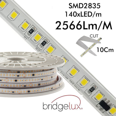 1 metro de tira LED flexible BRIDGELUX SMD2835-DC220V con regulación TRIAC de la más alta calidad para proyectos profesionales. Por su flexibilidad y alta luminosidad es ideal para crear una iluminación de calidad en todo tipo de ambientes, tanto en interiores como en exteriores.