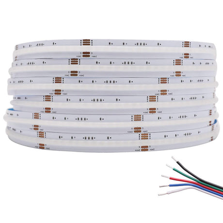 Tira LED con el nuevo Chip COB RGB+W (RGB + blanco) que ofrece iluminación lineal continua sin puntos. Incorpora cinta adhesiva 3M-térmica de máxima calidad para colocar la tira en cualquier superficie. Tira de 5 metros con 896 led por metro de alto brillo y un elevado CRI 90 que proporciona una luz espectacular.