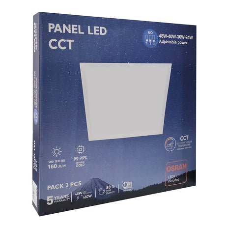 Pack de 10 paneles LED de máxima calidad con chip led OSRAM de alta luminosidad. Con driver led regulable para seleccionar la potencia deseada 48W-40W-36W ó 24W. Y color de luz seleccionable 3000K-4000K-5000K-5700K. Iluminación backlight que asegura que el panel led no amarillee con el tiempo de uso. ideal para las instalaciones más exigentes. Marco en color blanco para una mejor integración en la decoración. Certificación ENEC 05