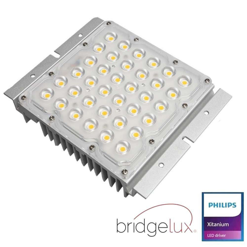 Módulo óptico de LED con chip led Bridglux SMD5050 de 8 núcleos de alta luminosidad de 165lm/w de eficacia luminosa y driver Philips programable, desde 10w hasta 65W y regulable 1-10V con 5 fases. Este modulo IP65 esta pensado para colocar en farolas Villa y Fernandina.
