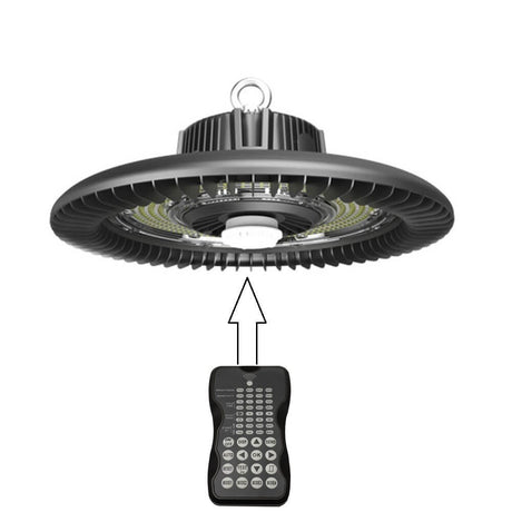 Mando a distancia para la Campana LED UFO Programable (Ref. LD1160681). Controla el encendido y apagado, consumo, brillo, ajustar la sensibilidad del sensor, tiempo de espera y de encendido. Consigue ahorros de hasta un 80% 