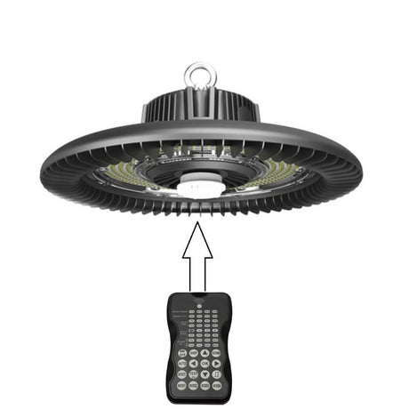Mando a distancia para la Campana LED UFO Programable (Ref. LD1160681). Controla el encendido y apagado, consumo, brillo, ajustar la sensibilidad del sensor, tiempo de espera y de encendido. Consigue ahorros de hasta un 80%