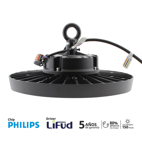 Campana LED Industrial UFO INTELIGENTE con DRIVER LIFUD de 5ª generación y chip  led  PHILIPS LUMILED con un rendimiento de 150lm/W y disipador mejorado para una perfecta disipación de calor. Regulación 1-10V, Opcionalmente es posible instalar sensores de movimiento y luminosidad Plug & Play. Con selector de tres potencias de iluminación 120W-160W-200W. Protección contra sobretensiones de 6KV.