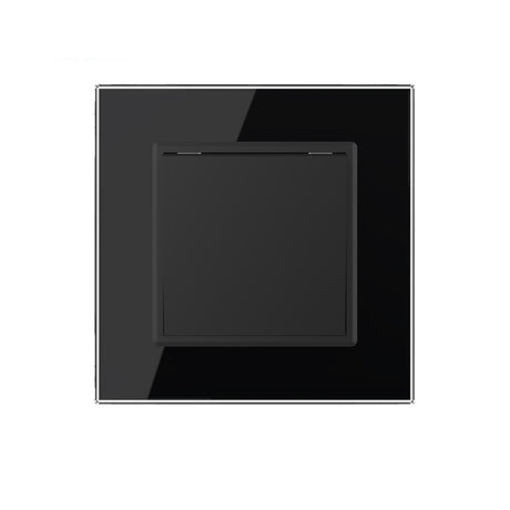 Mecanismo de empotrar EU, pulsador. Con tecla y marco de cristal de color negro. Incluye marco metálico y panel frontal de cristal.