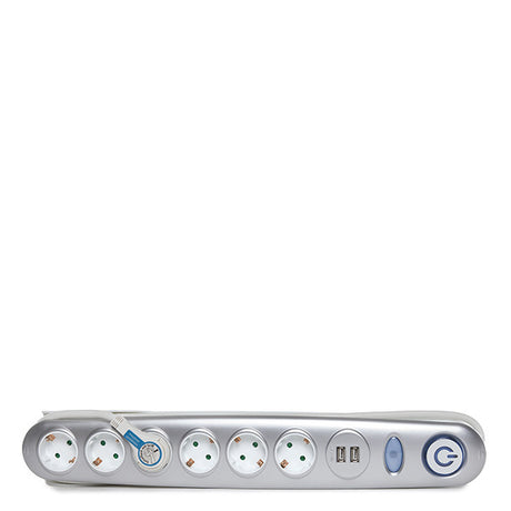 Regleta   con   6 X   Toma Corriente  + Interruptor  Luminoso  +  2 X  USB  Cargador  2100 Ma   5V - IP20 - Blanco/Plata