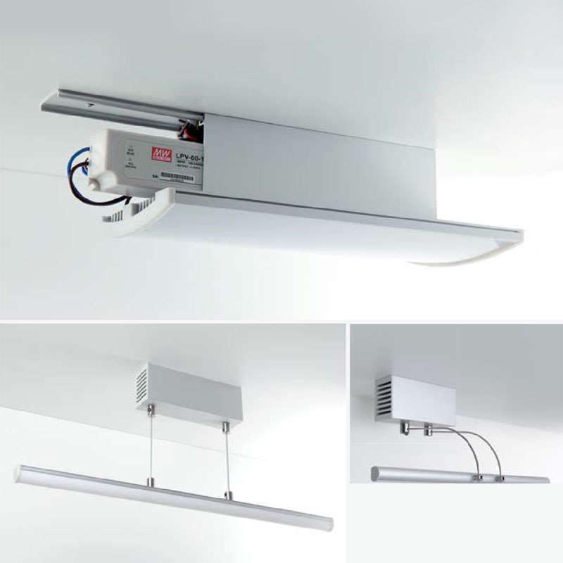 Perfil de aluminio que permite alojar en su interior fuentes de alimentación. Especialmente indicado para instalaciones de perfiles led suspendidos del techo.