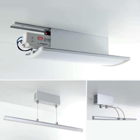 Perfil de aluminio que permite alojar en su interior fuentes de alimentación. Especialmente indicado para instalaciones de perfiles led suspendidos del techo.