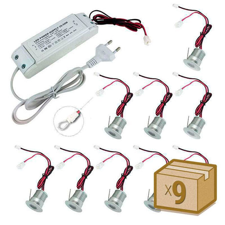 Pack de 9 Spot Led empotrable de muy reducido tamaño incluye alimentador de corriente constante. Ideal para crear cortinas de luz, iluminación de objetos, instalación en vitrinas, balizas, decoración, etc. Mínima emisión de calor y consumo.